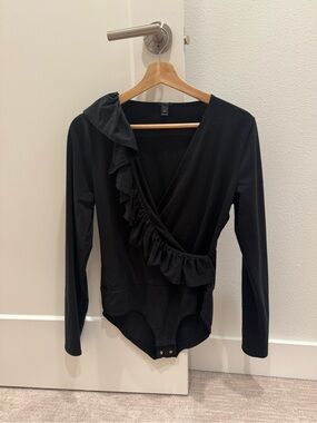 J Crew Black Ruffle Wrap Bodysuit Womens Medium Long Sleeve V Neck Top